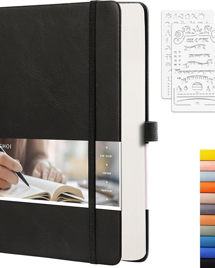 EMSHOI Dotted Notebook - 256 Pages A5 Dotted Grid Journal Notebook,120gsm Thick Paper,16 Perforated Pages, Smooth PU Leather, Inner Pocket,5.75'' × 8.38''-Black