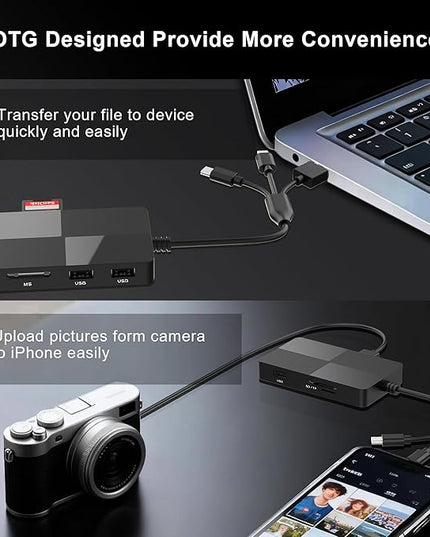 8-in-1 Memory Card Reader with 3 USB Ports, Lightning/USB-C/USB-A Adapter for iPhone/Android/PC/Mac, Supports SD/TF/MS/CF/XD Card & OTG for Photo/Video Transfer