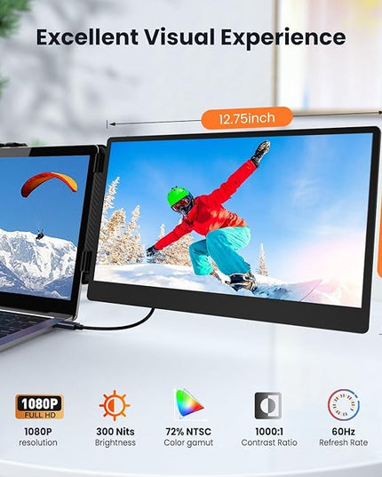 Laptop Screen Extender 14-inch, 1080P FHD Portable Monitor, Type-C/HDMI/USB-A Plug & Play, Laptop Monitor Extender fits Laptops with Screen up to 15.35" Wide, Compatible with Windows, Mac, Chrome