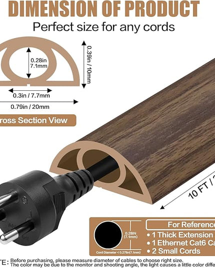 Floor Cord Cover Self Adhesive Cord Hider,10FT Cable Management, Extension Strip Protector for Wires, Prevent Cable Trips for Offices, Gyms, Exhibitions Cavity:0.3"(W) x 0.28"(H) Wood Walnut