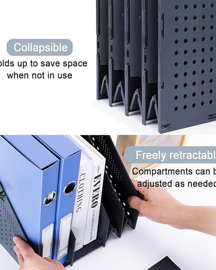 Collapsible Magazine File Holder with 4 Vertical Compartments Foldable Binder Holder for Desk Binder Storage Organizer Plastic Magazine Holders for Shelf, Dark Gray