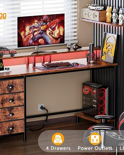 Furologee 55 Inch Computer Desk Gaming with 4 Fabric Drawers with Power Outlets and LED Lights for Home Office with Full Monitor Stand and Shelf Study Table for Small Spaces Rustic Brown