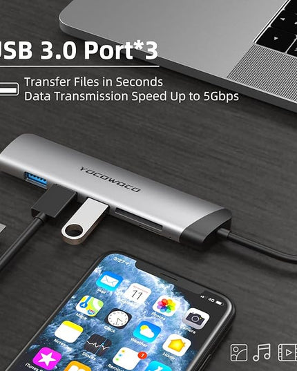 YOCOWOCO USB C Hub, 6 in 1 USB-C to HDMI Multiport Adapter with 4K HDMI, 3 USB 3.0 Ports and SD/TF Card Reader, USBC Dongle Splitter for MacBook Pro/Air, Laptops, PC, Desktop