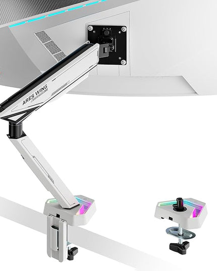 ARES WING RGB Single Monitor Arm Desk Mount for 17-45 inches Flat and Curved Monitors, Holds 35.2 lbs Heavy Duty, Adjustable Ultrawide Monitor Arm with Clamp & Grommet Base, 75/100 VESA Mount, White