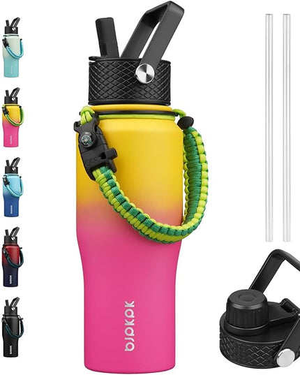 BJPKPK Insulated Water Bottles with Straw Lid, 23oz Metal Water Bottle with 2 lids & Paracord Strap, Double Wall Stainless Steel Vacuum Tumblers, Cups,Thermo for Hot& Cold Drinks, Pink & Yellow Rose