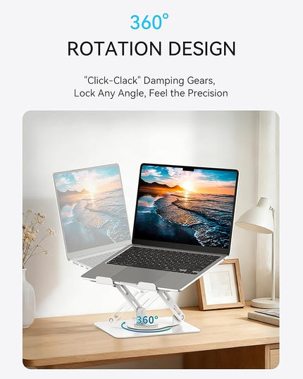 SOUNDANCE Laptop Stand with 360° Rotating Base, Ergonomic Computer Riser for Desk, Adjutable Height Muti-Angle, Foldable Laptop Mount, Stable Metal Holder Support 10-15.6" Notebook PC, White