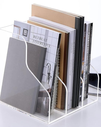 Desk File Organizer, Acrylic Magazine File Holder with 3 Vertical Compartments Rack File Sorter for Office Home Classroom Desk Organization, Clear…