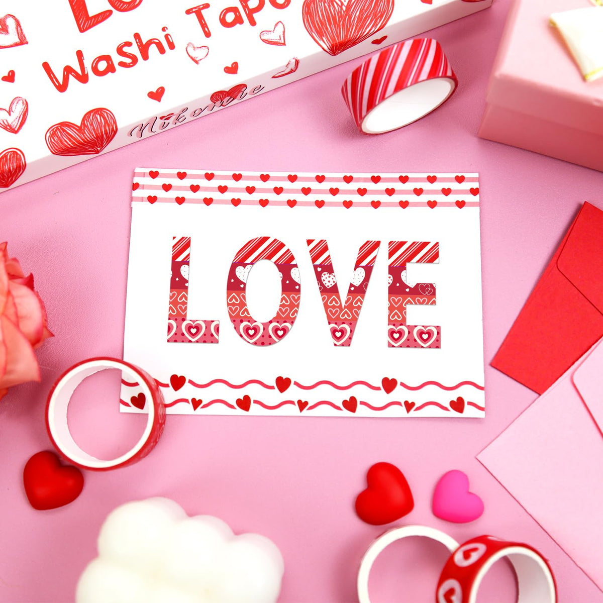 NIKOMIE 12 Rolls Love Heart Washi Tape Set, Pink Red Decorative Tape Valentine Stripe Dots Masking Tape for Journaling Supplies,Wedding Party,Junk Journal, Scrapbooking, Planner, DIY Arts & Crafts