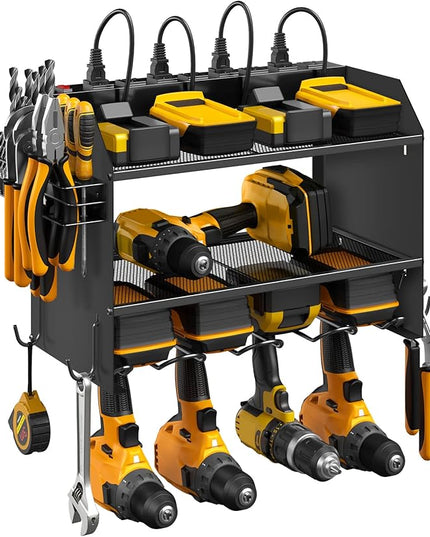 CCCEI Modular Power Tool Organizer Wall Mount with Charging Station. Garage Drill Storage Shelf with Hooks, Heavy Duty Rack, Tool Battery Holder Built in 8 Outlet. Gift for Men. Black, 1 Pack.