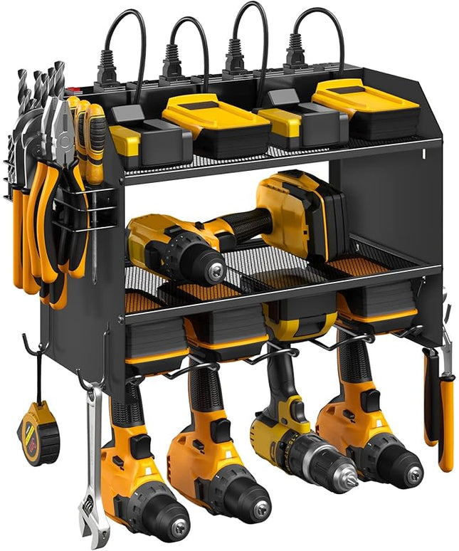 CCCEI Modular Power Tool Organizer Wall Mount with Charging Station. Garage Drill Storage Shelf with Hooks, Heavy Duty Rack, Tool Battery Holder Built in 8 Outlet. Gift for Men. Black, 1 Pack.