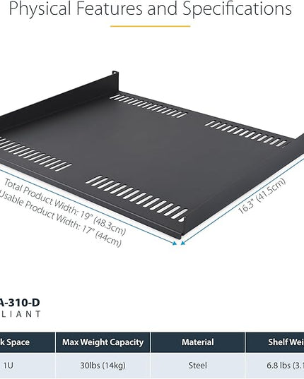 StarTech.com 1U Vented Server Rack Shelf, 16in (40cm) Mounting Depth, Cantilever Tray, Heavy-Duty Steel, 30lb/14kg Capacity