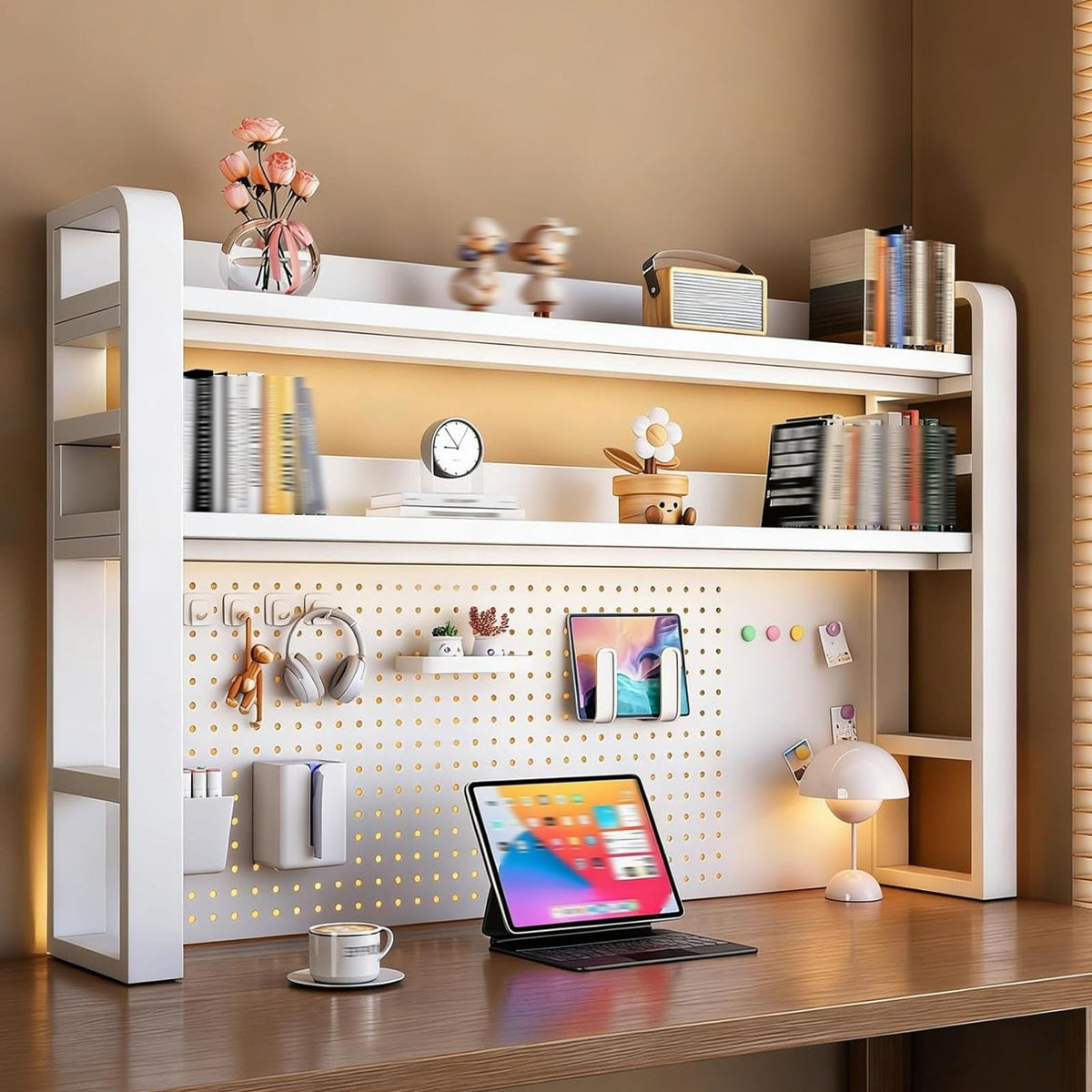 TRCBADOWKC 2/3/4 Tier Desktop Bookshelf with Pegboard and Storage Parts, Metal Desktop Organizer Hutch, Desk Shelves for Top of Desk, Shelf Organizer Display Rack for Dorm Home(White,3-Tier L21.6in)
