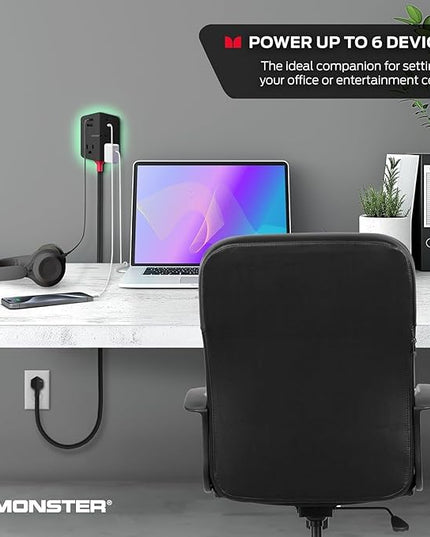 Monster Power Shield: Magnetic Wall Outlet Extender, Multiple Plug Outlet with 2 AC Outlets, 3 USB-A Ports, & 1 USB-C Port (20W)