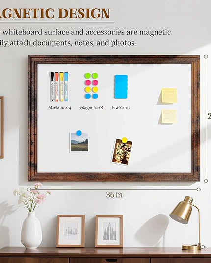 Large White Board for Wall, 36'' x 24'' Magnetic Dry Erase Board, Decorative Whiteboard, Brown Vintage Wooden Frame
