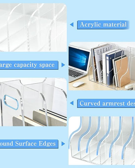 5-Tier Clear Acrylic File Holder, Vertical Document Organizer for Magazines, Binders, Notebooks & Envelopes - Multi-Purpose Desk Storage for Home Office（A4,5 Sections）