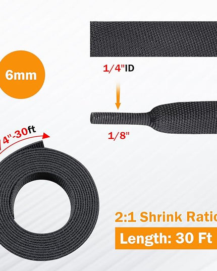 FOURUB 2:1 Ratio Flat Heat Shrinkable Braided Sleeving,Electrical Insulating Tubing,Durable Automotive Fabric Harness Shrinking Sheath (1/4"-30ft)