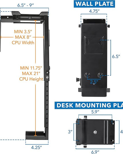 Mount-It! CPU Under Desk Mount Bracket - Computer Tower Wall and Under Counter Holder, 360 Degree Swivel Adjustable Height and Width Wall-Mountable