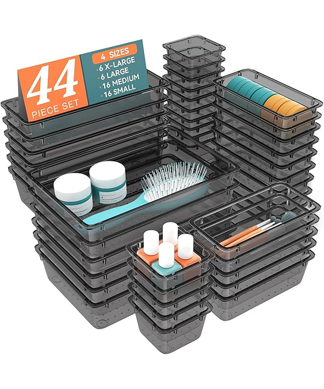 WOWBOX 44 PCS Clear Plastic Drawer Organizer Set, 4 Varied Size storage Bins and Desk Drawer Organizer Trays for Makeup, Gadgets, Jewelry and Utensils in Bathroom, Bedroom and Office, Clear Black