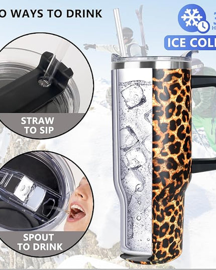 SYACOT 40 oz Tumbler with Handle and Straw Stainless Steel Insulated Tumbler Leak Proof Lid and Straw Lid Reusable Travel Mug Coffee Mug Cup Dishwasher Safe Keep Drinks Cold and Hot (Leopard)