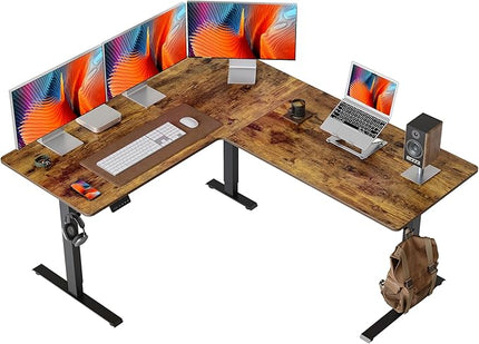 FEZIBO 63" x 55"L Shaped Standing Desk Adjustable Height, 63 Inch Electric Stand up Corner Computer Desk, Sit Stand Home Office Desk with Splice Board, Vintage-Brown