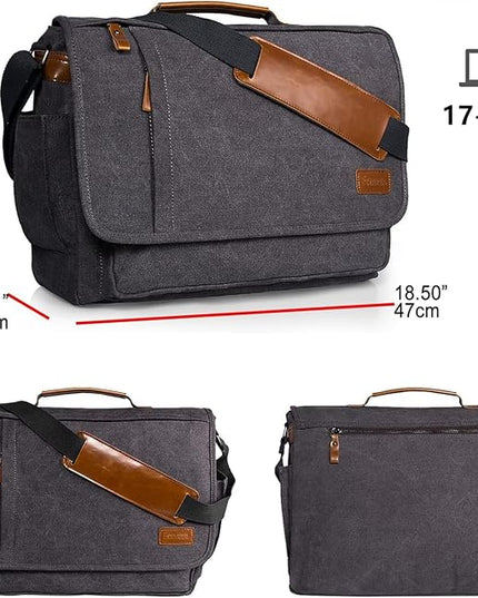 ESTARER Laptop Messenger Bag 17-17.3 Inch Water-resistant Canvas Shoulder Bag for Work College, Grey