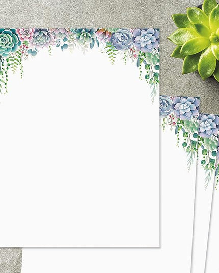 Current Succulent Floral Letter Paper - Spring Stationery Papers With Decorative Succulent Flowers Border, Printable Holiday, Wedding & Bridal Shower, & Invitation Sheets, Set of 25, 8 1/2" x 11"