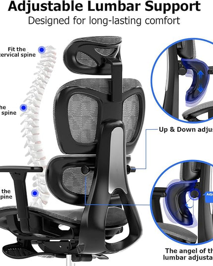 PatioMage Ergonomic Office Chair, Big and Tall Desk Chair with Adjustable Lumbar Support & Seat Depth, High Back Computer Chair, Swivel Mesh Chairs with Wheels for Home Office, Darkgrey