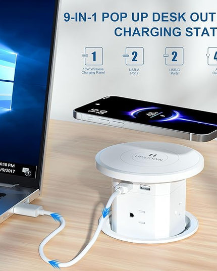 9-in-1 Pop-Up Outlet with Wireless Charging – 4 AC & 4 USB Ports, 2500W Overload Protection, 100-240V Global Voltage, 4-1/8" Cutout – Hidden Countertop Power Hub for Kitchen, Office, etc.（2-Pack）