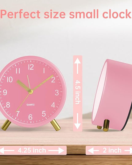 Analog Alarm Clock, 4 inch Super Silent Non Ticking Small Clock with Night Light, Battery Operated, Simple Design, easy setting for Office, Bedroom, Bedside, Desk, teens, elders, kids, adult, Pink