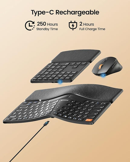 ProtoArc Ergonomic Keyboard Mouse, EKM04 2.4GHz USB Wireless Ergo Keyboard Mouse Combo with Separate Numeric Keypad, Split Design, Hard Wrist Rest, Rechargeable, for Windows Desktop/PC/Laptop