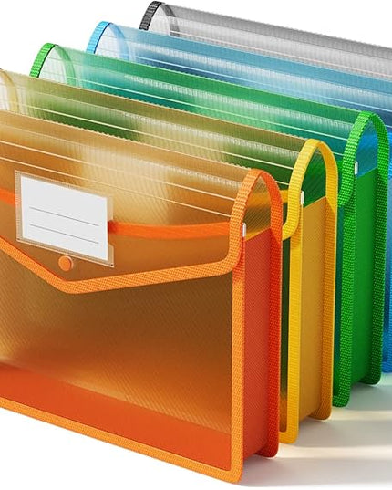 ThinkTex Plastic Expanding File Folder, Transparent envelopes with Snap Closure, No Dividers, Large Capacity, Assorted Colors, Fit Letter/A4 Size - 5 Packs