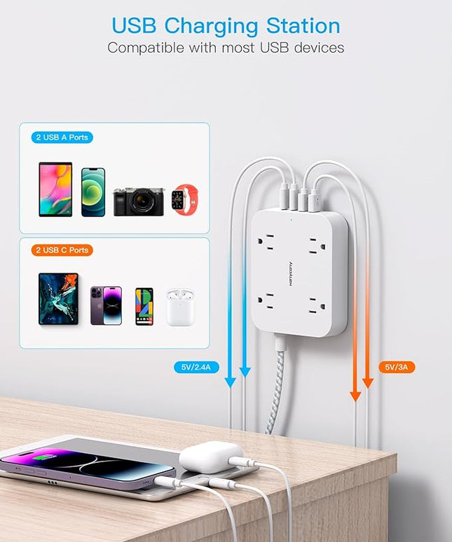 Flat Extension Cord 3 Ft, HANYCONY Power Strip with 4 USB Ports(2 USB C), 4 Widely Outlets Extender, Wall Mount, Desk Charging Station for Office, Travel and Dorm Room Essentials, ETL Listed