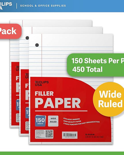 Wide Ruled Loose Leaf Paper Wide Ruled Notebook Paper Lined Writing Filler Paper 10.5” x 8” 56 gsm 450 Sheets 150 Sheet Per Pack (3 Pack)