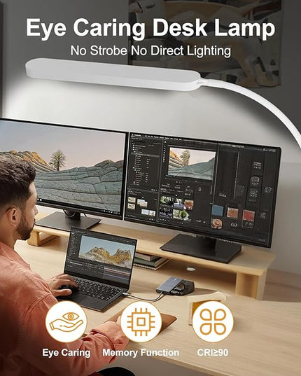 SKYLEO Led Desk Lamp - 33.5" Desk Light - Flexible Gooseneck - 5 Color Modes X 11 Brightness Levels - 1300LM - Timmer & Memory Function - 12W Clip on Light - White