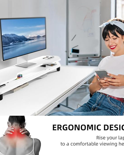 2 Tier Dual Monitor Stand Riser,Wider Board Computer Monitor Stand for 2 Monitors,Slot For Phone/Tablet Office Desktop Organizer for Laptop,PC,Computer,Printer,White