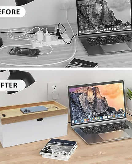 Bamboo Cable Management Box, Large Cord Organizer Box Cable Box to Hide Wires & Power Strips for Desktop Storage Cord Holder for Office Home,No Assembley Required