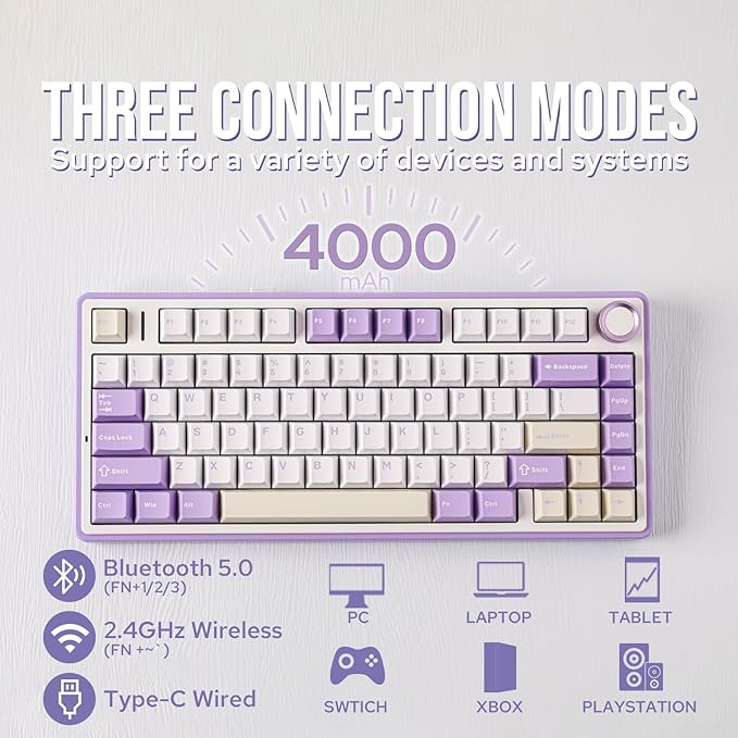 EPOMAKER x Aula F75 Gasket Mechanical Keyboard, 75% Wireless Hot Swappable Gaming Keyboard with Five-Layer Padding&Knob, BT/2.4GHz/USB-C, RGB (Purple, LEOBOG Reaper Switch)