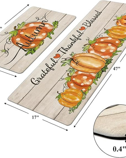 Pauwer Fall Pumpkin Kitchen Rugs Set of 2, Autumn Farmhouse Kitchen Floor Mat, Non Slip Anti Fatigue Kitchen Mats for Floor, Cushioned Kitchen Runner Rug Set Fall Harvest Thanksgiving Decor