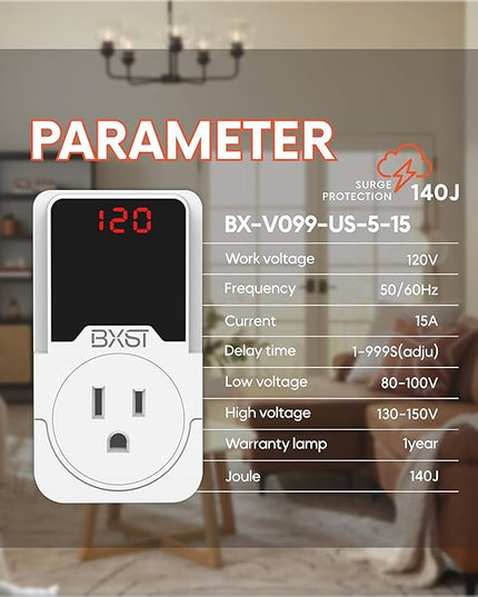 BXST 140J Surge Protector Voltage Protector One Outlet Plug Surge Protector for Refrigerator/Air-Conditioner/Fridge, Home/Office/Travel Portable LED Display Screen, Adjustable,120V, 15A, 1800W