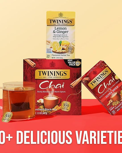 Twinings Chai Black Tea Individually Wrapped Bags, 50 Count (Pack of 6), Sweet, Savoury Spices, Caffeinated, Enjoy Hot or Iced, 300 Teabags