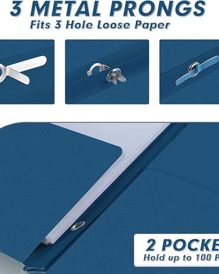 Two Pocket Folders, PANDRI 30 Pack Two Pocket Folders with Prongs, 3 Prong Folders Designed for Office and Classroom, Letter Size Darkblue