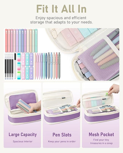 Four Candies 39 PCS Aesthetic School Supplies with Cute Pen Case, 12 Pastel Highlighters, 5 Black Ink Gel Pens, 6 Mechanical Pencils Set for Students Stationary College Essentials (Purple)