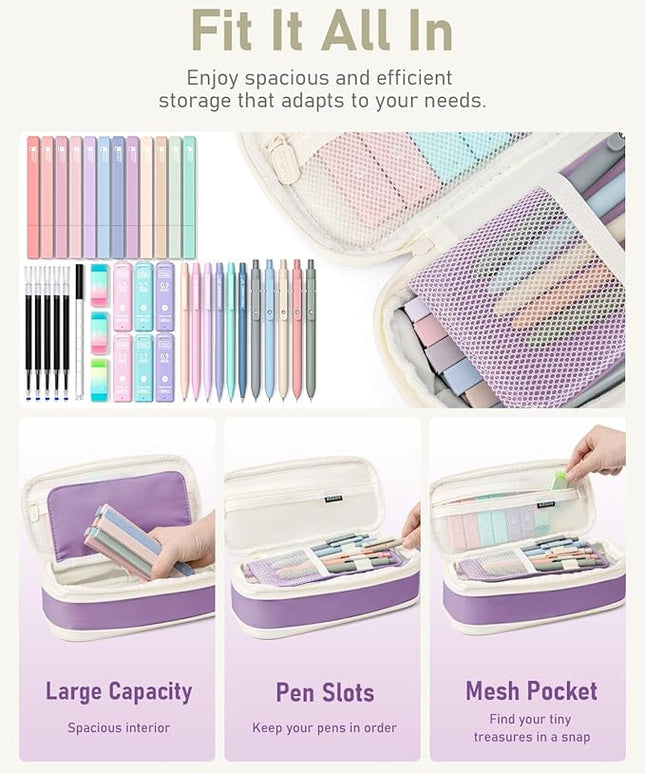 Four Candies 39 PCS Aesthetic School Supplies with Cute Pen Case, 12 Pastel Highlighters, 5 Black Ink Gel Pens, 6 Mechanical Pencils Set for Students Stationary College Essentials (Purple)