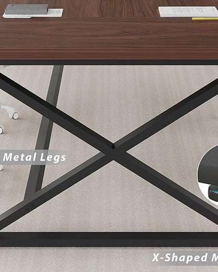 IBF Large Computer Desk, 70.8” Long Home Office Desk for Writing, Modern Simple Executive Work Desk for Study, Wood Metal Double PC Gaming Workstation Computer Table for Bedroom, Walnut, 70 inch