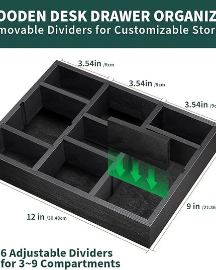 TEESSFROOD Desk Drawer Organizer Tray with 9 Adjustable Compartments, Wooden Office Desk Accessories Supplies Organization Storage for Desktop Bathroom Vanity Makeup Black