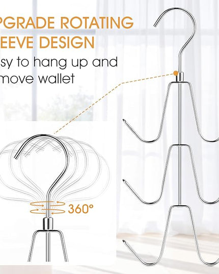 Purse Hanger Organizer for Closet, Space Saving Metal Hook Rack for Handbags, Belts, Ties, Scarves, Keep Items Visible & in Shape, 360° Swivel Storage Hanger, Silver