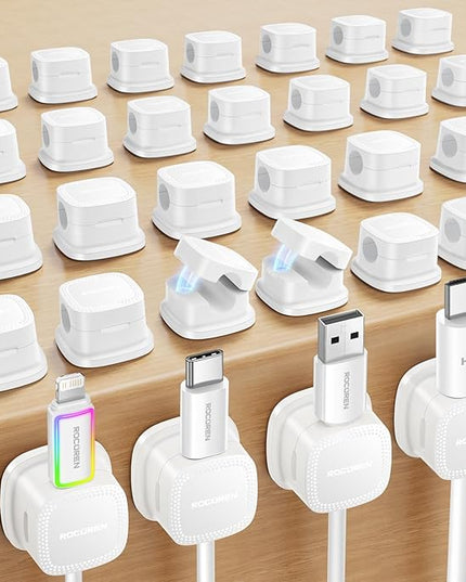 30 Pack Cable Management Cord Organizer,Magnetic Cable Clips-1s Lock,Rocoren Desk Adhesive Cord Cable Clip Wire Holder Keeper for Phone Charger Wire,Nightstand,Car,Office,Desktop Accessory,White