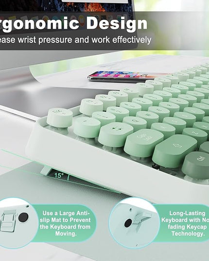 FOPETT Wireless Keyboard and Mouse Combo - 2.4G Full-Sized Cute Colorful Mouse and Keyboard with 104 Round Keys Retro Typewriter Keyboard for Laptop/Windows/PC - Green Gradient