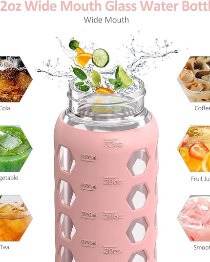 MUKOKO 32oz Glass Water Bottles with 2 Lids-Handle Spout Lid&Bamboo Straw Lid, Motivational Water Tumbler with Time Marker Reminder and Silicone Sleeve, Leakproof-Pink-1 Pack