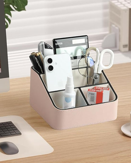 MEIBOOCH Remote Control Holder, PU Leather Small Desk Organizer with 4 Compartments, Nightstand Organizer Desk Caddy for Remote, Notepad, Phone, Glasses, and Accessories (Pink)